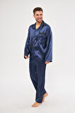 Lacivert Erkek Ropdöşambır ve Saten Pijama Takımı 4'lü Set - M