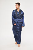 Lacivert Erkek Ropdöşambır ve Saten Pijama Takımı 4'lü Set - XL