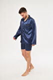 Lacivert Erkek Ropdöşambır ve Saten Pijama Takımı 4'lü Set - XL