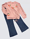 4-5-6 Yaş Kot Pantolonlu Kiraz Desenli Penye Sweat Uzun Kollu 2li Kız Çocuk Takımı Gül Kurusu