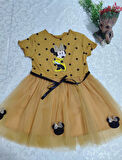 2-3-4 Yaş Puantiyeli Mickey Baskılı Kurdela Kuşaklı Astarlı Kız Bebek Tütü Elbisesi Hardal