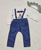 9-12-18 Ay Papyonlu Sweat Kot Pantolon 2li Erkek Bebek Salopet Takımı Lacivert