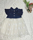 2-3-4 Yaş Astarlı Brode Etekli Kot Kumaş Düğmeli Kız Çocuk Elbisesi Mavi