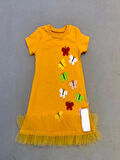 1-2-3 Yaş Renkli Kelebekler Nakışlı Eteği Fırfırlı Jile Çocuk Elbisesi Turuncu