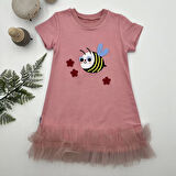 1-2-3 Yaş Arıcık Nakışlı Eteği Fırfırlı Jile Kız Çocuk Elbisesi Gül Kurusu
