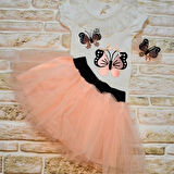 9-12-18 Ay Payetli Kelebek Nakışlı Taçlı Kısa Kollu Tütü Etek 3lü Kız Bebek Takımı Pudra