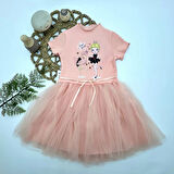 5-6-7 Yaş Flamingo Balerin Kız Baskılı Kurdela Kuşaklı Astarlı Kız Çocuk Tütü Elbise Somon