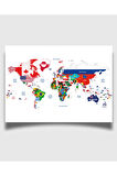 Çerçevesiz Poster |Büyük Boy Ülke Bayraklı Dünya Haritası Posteri | Eğitici ve Dekoratif Harita