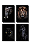 Çerçevesiz Poster,4'lü Hayvan Posterleri Aslan,Panter,Fil,At Dijital Baskı Karanlık Tema