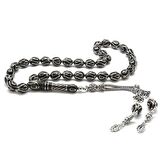 925 Ayar Gümüş Püsküllü Gümüş İşlemeli Arpa Kesim Erzurum Oltu Taşı Tesbih (M-1)