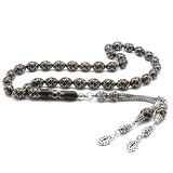 925 Ayar Gümüş Püsküllü Gümüş-Mercan İşlemeli Arpa Kesim Erzurum Oltu Taşı Tesbih (M-1)