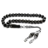 925 Ayar Gümüş Lale Püsküllü Gümüş Çift Zikzak İşlemeli Rus Oltu Tesbih