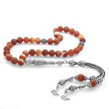 Kararmaz Metal Tuğra Püsküllü Küre Kesim Mat Kırmızı Akik Doğaltaş Tesbih