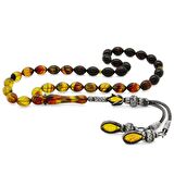 1000 Ayar Gümüş Kazaz Püsküllü Arpa Kesim Süzme Bala-Siyah Ateş Kehribar Tesbih