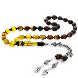 925 Ayar Gümüş Çift Püsküllü Arpa Kesim Süzme Bala-Siyah Ateş Kehribar Tesbih