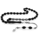 925 Ayar Gümüş Püsküllü Arpa Kesim Gümüş İsim Yazılı Siyah Sıkma Kehribar Tesbih