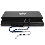 925 Ayar Gümüş Püsküllü Arpa Kesim Gümüş İsim Yazılı Mavi-Siyah Sıkma Kehribar Tesbih