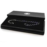 925 Ayar Gümüş Püsküllü Arpa Kesim Gümüş İsim Yazılı Mavi-Siyah Sıkma Kehribar Tesbih