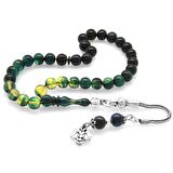 925 Ayar Gümüş Püsküllü Küre Kesim Bilek Boy Süzme Mavi-Beyaz Ateş Kehribar Tesbih