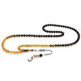 925 Ayar Gümüş Püsküllü Küre Kesim Süzme Beyaz-Siyah Ateş Kehribar 99luk Tesbih