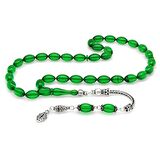 925 Ayar Gümüş Püsküllü Arpa Kesim Yeşil Ateş Kehribar Tesbih