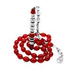 925 Ayar Gümüş Kral Püsküllü Gümüş Üç Şerefeli Nakkaş İmameli Bayrak Kırmızısı Ateş Kehribar Tesbih