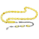 925 Ayar Gümüş Kral Zincir Püsküllü Kapsül Kesim Beyaz-Sarı Hareli Patinli Damla Kehribar Tesbih