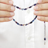 Ateş Kehribar Tesbih - Kararmaz Metal Püsküllü - Bilek Boy - Lacivert Beyaz Renk - Kapsül Kesim