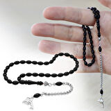 Sıkma Kehribar Tesbih - Kararmaz Metal Püsküllü - Bilek Boy - Siyah Renk - Arpa Kesim