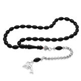 Sıkma Kehribar Tesbih - Kararmaz Metal Püsküllü - Bilek Boy - Siyah Renk - Arpa Kesim
