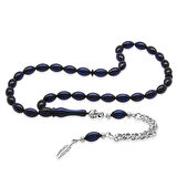 Sıkma Kehribar Tesbih - Kararmaz Metal Püsküllü - Bilek Boy - Lacivert Renk - Arpa Kesim