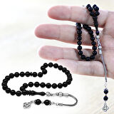 925 Ayar Gümüş Püsküllü Küre Kesim Bilek Boy Mavi Siyah Sıkma Kehribar Tesbih