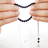 925 Ayar Gümüş Püsküllü Küre Kesim Bilek Boy Mavi Siyah Sıkma Kehribar Tesbih