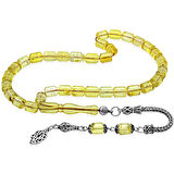 925 Ayar Gümüş Püsküllü Tombul Kapsül Kesim Ihlamur Sarı Doğal Damla Kehribar Tesbih