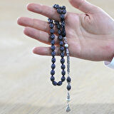 925 Ayar Gümüş Kral Zincir Püsküllü Ekose Motifli Gümüş Firuze İşlemeli Arpa Kesim Erzurum Oltu Taşı Tesbih