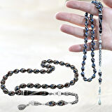 925 Ayar Gümüş Kral Zincir Püsküllü Helezon Motifli Gümüş Firuze Mercan İşlemeli Arpa Kesim Erzurum Oltu Taşı Tesbih