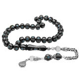 925 Ayar Gümüş Kral Püsküllü Yoğun Gümüş Firuze İşlemeli Erzurum Oltu Taşı Tesbih