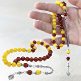 925 Ayar Gümüş Püsküllü Küre Kesim Sarı Kırmızı Jade Akik Doğaltaş Taraftar Tesbih