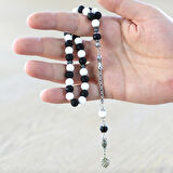 Kararmaz Metal Arnavut Zincir Püsküllü Küre Kesim Siyah Beyaz Jade Ayyıldız Oniks Doğaltaş Taraftar Tesbih M2