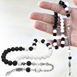 Kararmaz Metal Arnavut Zincir Püsküllü Küre Kesim Siyah Beyaz Jade Ayyıldız Oniks Doğaltaş Taraftar Tesbih M1