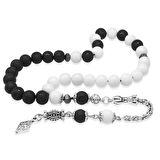 Kararmaz Metal Arnavut Zincir Püsküllü Küre Kesim Siyah Beyaz Jade Ayyıldız Oniks Doğaltaş Taraftar Tesbih M1