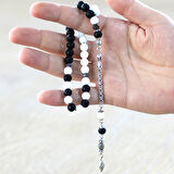Kararmaz Metal Arnavut Zincir Püsküllü Küre Kesim Siyah Beyaz Jade Ayyıldız Oniks Doğaltaş Taraftar Tesbih M1