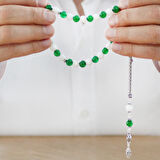 925 Ayar Gümüş Foxtail Zincir Püsküllü Küre Kesim Yeşil Beyaz Jade Doğaltaş Taraftar Tesbih