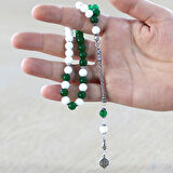 925 Ayar Gümüş Püsküllü Küre Kesim Yeşil Beyaz Jade Doğaltaş Taraftar Tesbih