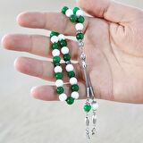 Kararmaz Metal Kişiye Özel Harf Püsküllü Küre Kesim Yeşil Beyaz Jade Doğaltaş Taraftar Tesbih