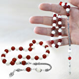 925 Ayar Gümüş Foxtail Zincir Püsküllü Küre Kesim Kırmızı Beyaz Jade Akik Doğaltaş Taraftar Tesbih