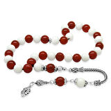925 Ayar Gümüş Foxtail Zincir Püsküllü Küre Kesim Kırmızı Beyaz Jade Akik Doğaltaş Taraftar Tesbih