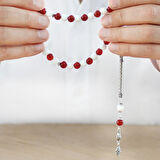 925 Ayar Gümüş Foxtail Zincir Püsküllü Küre Kesim Kırmızı Beyaz Jade Akik Doğaltaş Taraftar Tesbih