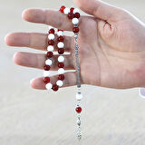 925 Ayar Gümüş Foxtail Zincir Püsküllü Küre Kesim Kırmızı Beyaz Jade Akik Doğaltaş Taraftar Tesbih