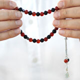 Kararmaz Metal Kişiye Özel Harf Püsküllü Küre Kesim Kırmızı Siyah Ayyıldız Oniks Akik Doğaltaş Taraftar Tesbih